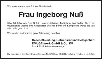 Traueranzeige von Inge Nuß von Pegnitz-Zeitung